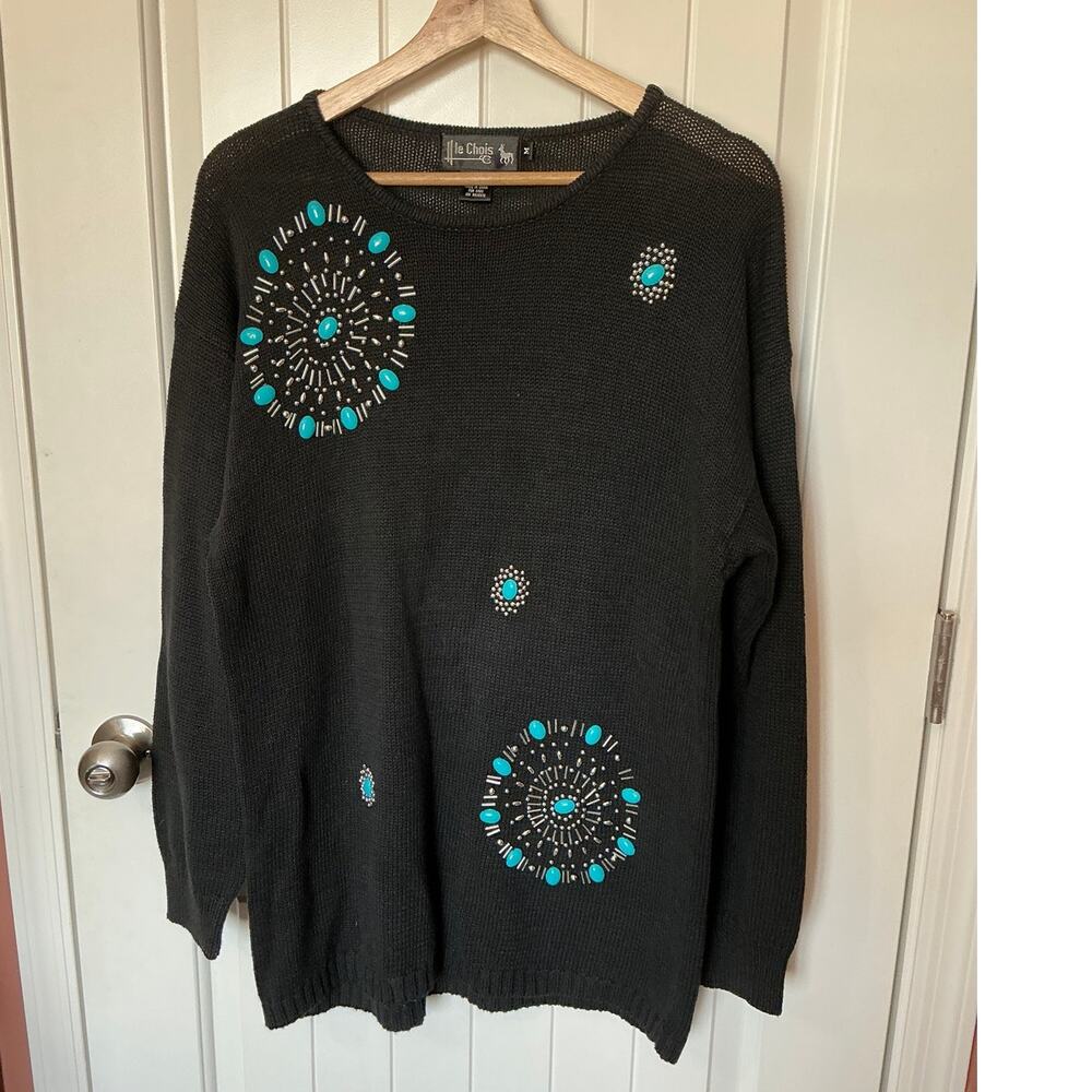 Vintage Le Chois II Wool Blend Beaded Knit Sweather Medium Black/Teal